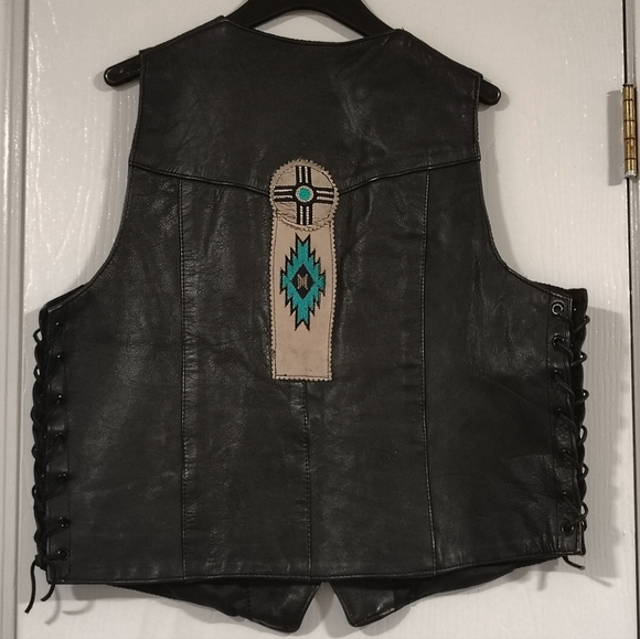 Vintage 80's - 90's Diamond Leather Heavy Vest with Embroidered Design Men's 46 - Picture 5 of 10